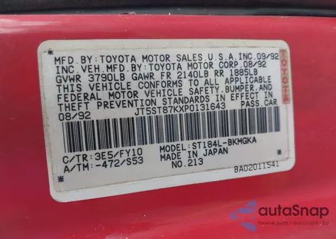 1993 Toyota Celica Gt from USA, damaged, VIN JT5ST87KXP0131643